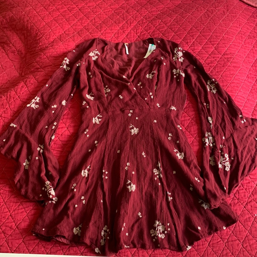 Free People Burgundy Red Bell Sleeve Dress with White Floral Embroidered Design